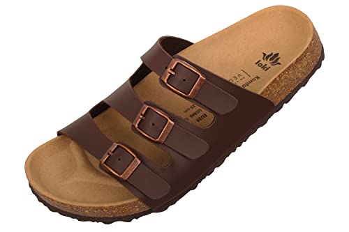 loki ANNA by Pantoletten für Damen I nachhaltig & vegan, PETA-zertifiziert I Sandalen mit flexibler EVA-Laufsohle & Memory-Korkfußbett I 3-Riemer Schlappen, Allergiker-freundlich I 37 in Braun von loki