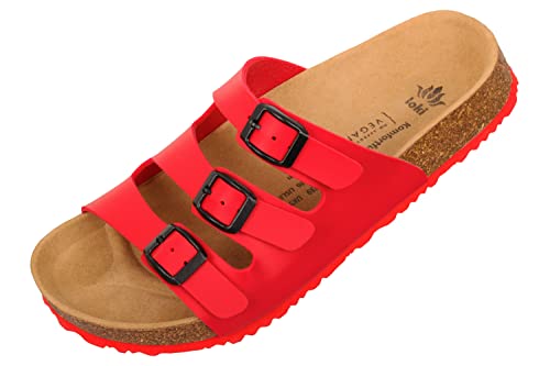 loki ANNA by Pantoletten für Damen I nachhaltig & vegan, PETA-zertifiziert I Sandalen mit flexibler EVA-Laufsohle & Memory-Korkfußbett I 3-Riemer Schlappen, Allergiker-freundlich I 38 in Rot von loki