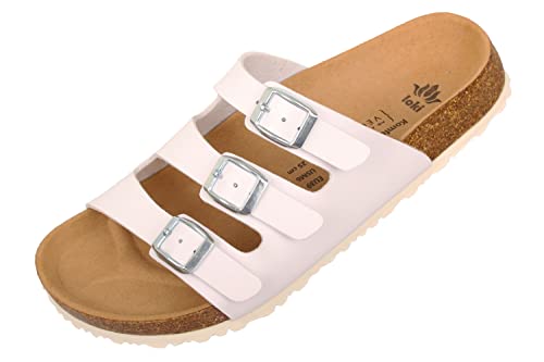 loki ANNA by Pantoletten für Damen I nachhaltig & vegan, PETA-zertifiziert I Sandalen mit flexibler EVA-Laufsohle & Memory-Korkfußbett I 3-Riemer Schlappen, Allergiker-freundlich I 40 in Weiss von loki