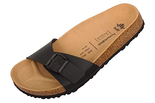 loki GRETA by Pantolette für Damen I nachhaltig & vegan, PETA-zertifiziert I flexible EVA-Laufsohle & Memory-Korkfußbett I modische Einriemer-Sandalen, Allergiker-freundlich I 36 in Schwarz von loki