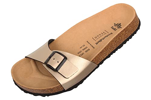 loki GRETA by Pantolette für Damen I nachhaltig & vegan, PETA-zertifiziert I flexible EVA-Laufsohle & Memory-Korkfußbett I modische Einriemer-Sandalen, Allergiker-freundlich I 42 in Gold von loki