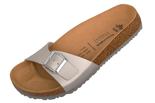 loki GRETA by Pantolette für Damen I nachhaltig & vegan, PETA-zertifiziert I flexible EVA-Laufsohle & Memory-Korkfußbett I modische Einriemer-Sandalen, Allergiker-freundlich I 42 in Silber von loki