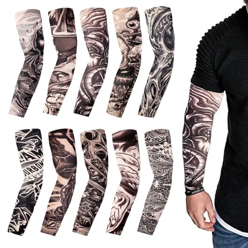 10 Stück Tattoo Ärmel Set Fake Tattoo Sleeves Tattoo Armstrumpf für Männer Frauen Temporäre Tattoos Gefälschte Sonnencreme Armlinge Nylon Schwarz Tätowierung Tattoo Strumpf Arm für Karneval Halloween von lokxmve
