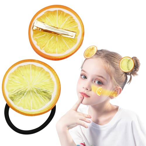 2 Stück Orange Haarklammern und Orangenscheiben Elastische Haargummi Zitronen Haarspangen Haarschmuck Orange Obst Haar Accessoires Süße Haargummis Mädchen Damen für Karneval Fasching Früchte Party von lokxmve