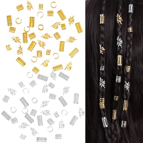 80 Stück Haarringe Gold Silber Dreadlocks Schmuck Festival Haarschmuck für Zöpfe Verstellbar Manschetten-Clips für Dreadlock Zubehör Wikinger Haarschmuck für Dreadlocks Braids Schmuck Haar Accessoire von lokxmve