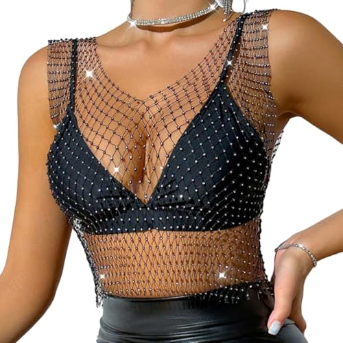 Festival Oberteil Damen Schwarze Glitzer Netzoberteil Transparent Mesh Oberteil Damen Glitzer Strass Glänzendes Mesh Körperkette Tops Funkelnde Bikini Crop Top für Nachtclub Karneval Party Festival von lokxmve