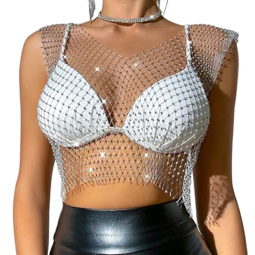 Festival Oberteil Damen Weiß Glitzer Netzoberteil Transparent Mesh Oberteil Damen Glitzer Strass Glänzendes Mesh Körperkette Tops Funkelnde Bikini Crop Top für Nachtclub Karneval Party Festival von lokxmve