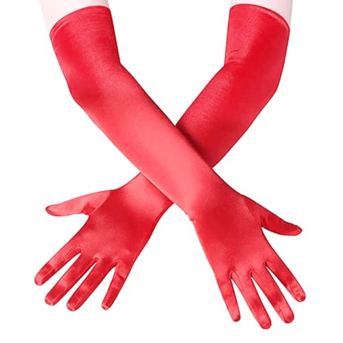 lokxmve Rote Handschuhe Lang 1 Paar Satin Handschuhe Damen Elegant 1920er Classic Opernhandschuhe Abendhandschuhe für Damen Mädchen Hochzeit Prom Fasching Party Halloween Karneval Kostüm Zubehör von lokxmve