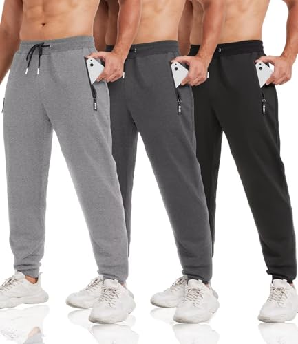 lomsoe 3er-Pack Jogginghose Herren Baumwolle Tapered, Sporthose Herren Lang mit Reißverschlusstaschen, Trainingshose Sweatpants Fleece Slim Fit für Laufen und Fitness(Schwarz,Dunkelgrau,Hellgrau,XXL) von lomsoe
