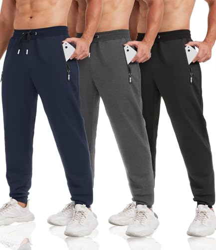 lomsoe 3er-Pack Jogginghose Herren Baumwolle Tapered, Sporthose Herren Lang mit Reißverschlusstaschen, Trainingshose Sweatpants Fleece Slim Fit für Laufen und Fitness(Schwarz,Dunkelgrau,Marineblau,M) von lomsoe