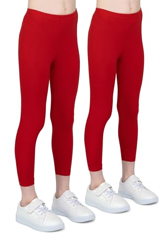 looksy 2er-Pack Leggings für Mädchen, knöchellange Activewear-Hosen für Kinder, atmungsaktives Baumwollgewebe, modische Kinderhosen, einfarbig, Schule, Tanz, Gymnastik, Rot 12 Years (152 cm) von looksy
