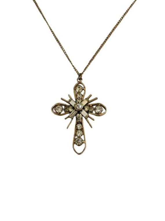 Gold Strass Baguette Kreuz Anhänger Halskette 1940Er 1950Er Jahre von looseendsvintage