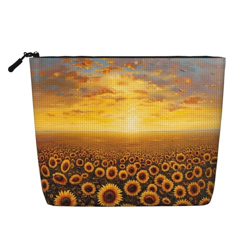 Reise-Make-up-Tasche mit Sonnenblumenfeld, Sonnenuntergang, Blumenmeer, große Kapazität, Kosmetiktasche für Damen, tragbare Kosmetiktasche, Kulturbeutel von lootpe