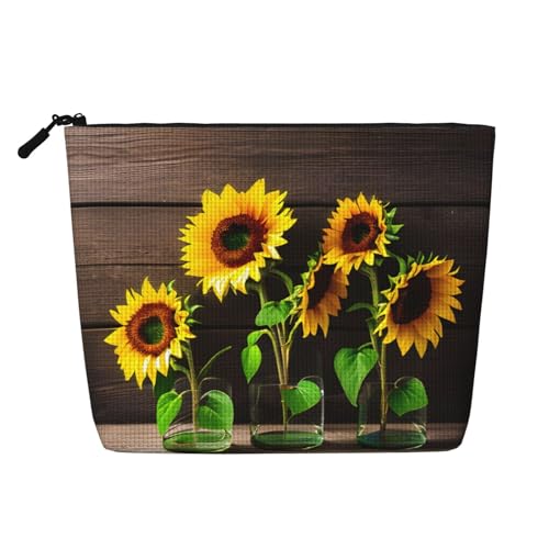 Reise-Make-up-Tasche mit drei Sonnenblumen auf Holzdruck, große Kapazität, Kosmetiktasche für Damen, tragbare Kosmetiktasche, Kulturbeutel von Lootpe