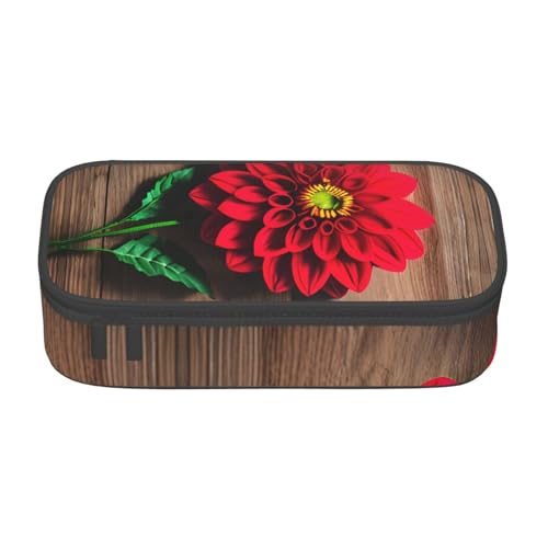 Stifteetui aus Holz, Retro-Blume, roter Dahlie-Druck, großes Fassungsvermögen, Bürobedarf-Organizer, tragbare Stifttasche für Büro von Lootpe