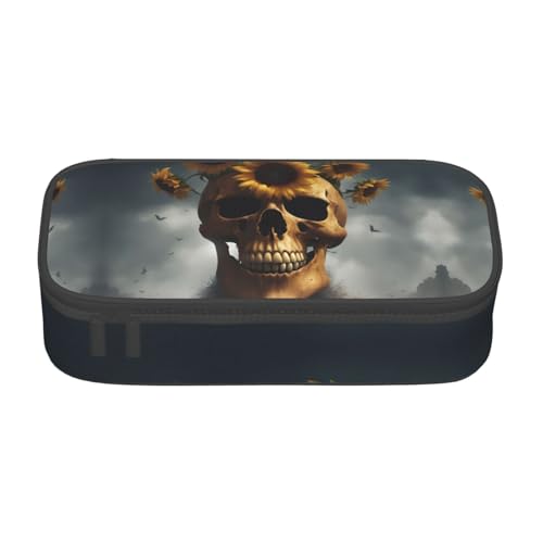 lootpe Federmäppchen mit Sonnenblumen-Motiv, Halloween-Totenkopf-Druck, großes Fassungsvermögen, Büro-Schreibwaren-Organizer, tragbare Stifttasche für Büro von Lootpe
