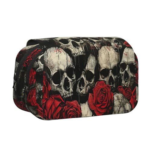lootpe Federmäppchen mit Totenkopf- und Rose-Aufdruck, großes Fassungsvermögen, Markertasche, Schreibwaren-Organizer-Tasche, tragbare Büro-Stifttasche von Lootpe