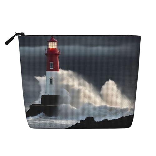 lootpe Reise-Make-up-Tasche, Motiv: Leuchtturm im Sturm, große Kapazität, Kosmetiktasche für Damen, tragbare Kosmetiktasche, Kulturbeutel von Lootpe