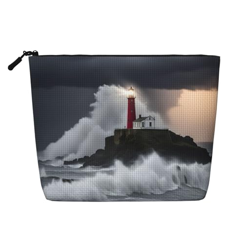 lootpe Reise-Make-up-Tasche, Motiv: Leuchtturm im Sturm, große Kapazität, Kosmetiktasche für Damen, tragbare Kosmetiktasche, Kulturbeutel von Lootpe