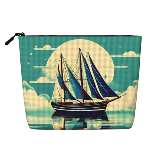 lootpe Reise-Make-up-Tasche mit Segelboot-Schiff, Landschaftsdruck, große Kapazität, Kosmetiktasche für Damen, tragbare Kosmetiktasche, Kulturbeutel von Lootpe