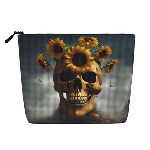 lootpe Reise-Make-up-Tasche mit Sonnenblumen-Motiv, Halloween-Totenkopf-Druck, große Kapazität, Kosmetiktasche für Damen, tragbare Kosmetiktasche, Kulturbeutel von Lootpe