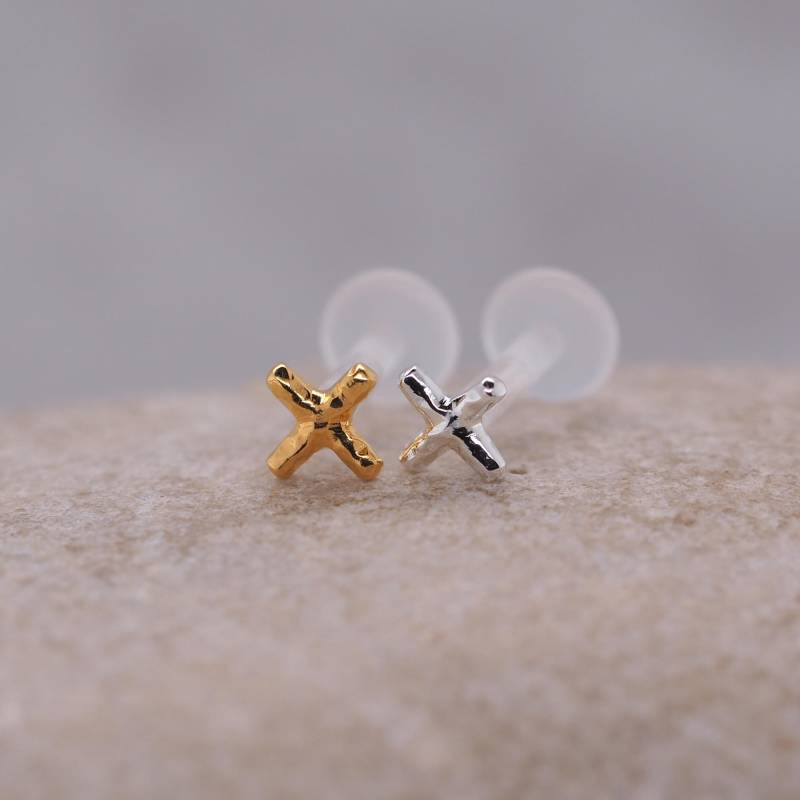 1.2 Mm 16Gauge Tragus Gold - X Form Labret Nasenknorpel Ohrring Gehämmert von lopicNosePiercing