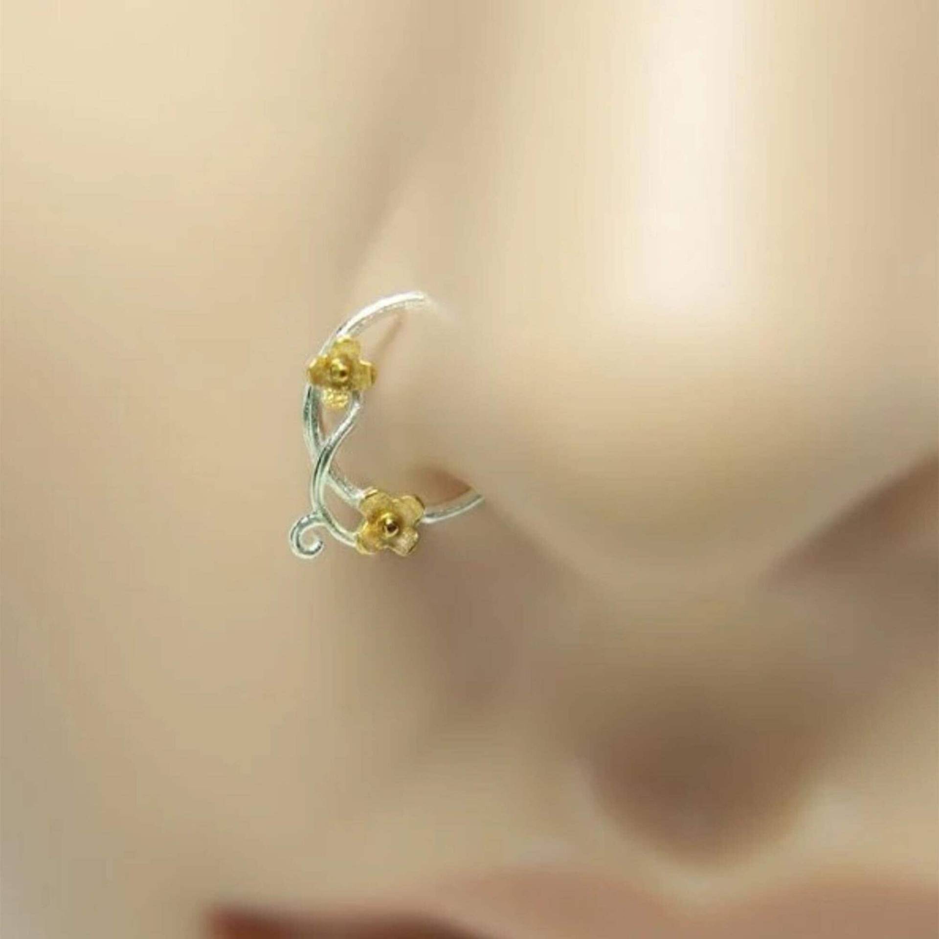 Boho Nasenring - Sterling Silber Mit Goldenen Blumen Vintage Nostril Piercing Schmuck Boho Nasenring - Sterling Silber Mit Goldenen Blumen Vintage Nostril Piercing Schmuck von lopicNosePiercing