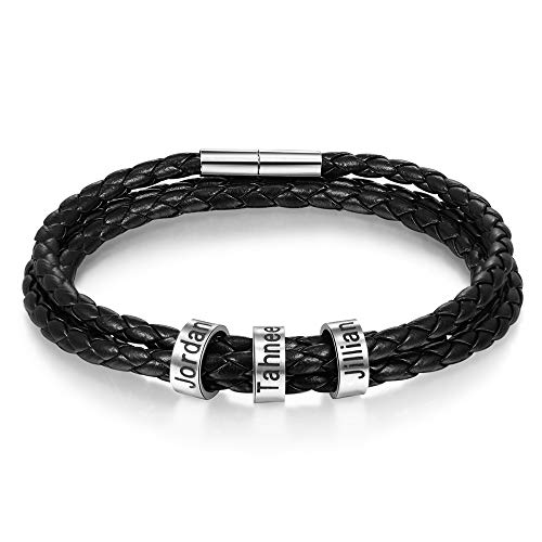 lorajewel Personalisierte Armbänder mit 4 Namen Herren/Damen Schwarz Flechten Lederarmband Kette mit Kindernamen Männer/Frauen Schmuck mit Gravur Silber von lorajewel