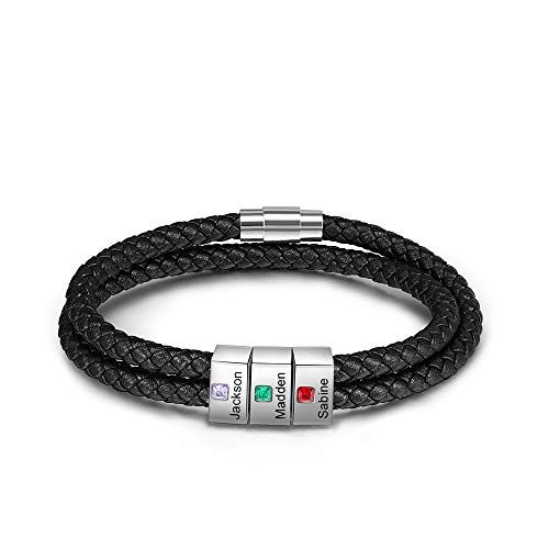 lorajewel Personalisiertes Herren Armbänder mit 3 Namen Stone Männer gewebte Lederseil 19,5 cm Rostfreier Stahl Armbandgeschenk,Weihnachten Valentinstag Vatertag von lorajewel