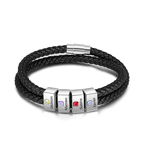 lorajewel Personalisiertes Herren Armbänder mit 4 Namen Stone Männer gewebte Lederseil 19,5 cm Rostfreier Stahl Armbandgeschenk,Weihnachten Valentinstag Vatertag von lorajewel