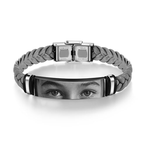 Personalisiertes Augen Leder Armband Edelstahlarmband mit Foto Personalisierte Geschenke für Männer Frauen Paar-Armband Weihnachten Vatertag Geburtstag Schmuck (grau) von lorajewel