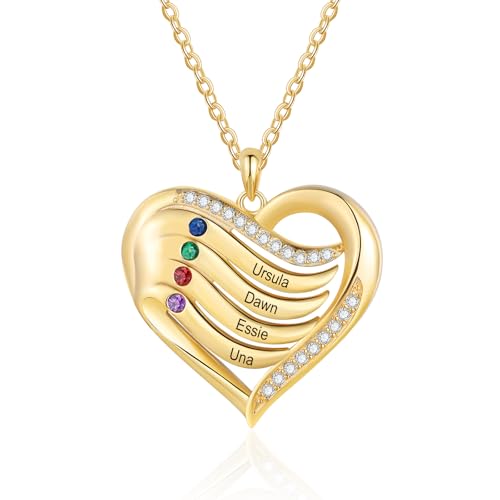 lorajewel 925 Sterling Silber Kette mit Namen Personalisierte Halskette für Damen Kette mit Anhänger Geburtssteinen Gravur Geschenke zum Muttertag Weihnachten Valentinstag (Gold-4 Name) von lorajewel