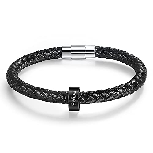 lorajewel Classic Herren/Damen Armbänder mit 1 Namen Schwarz Flechten Leder Band Familien Armband mit Namen Personalisierter Schmuck Männer Armbänder mit Gravur von lorajewel