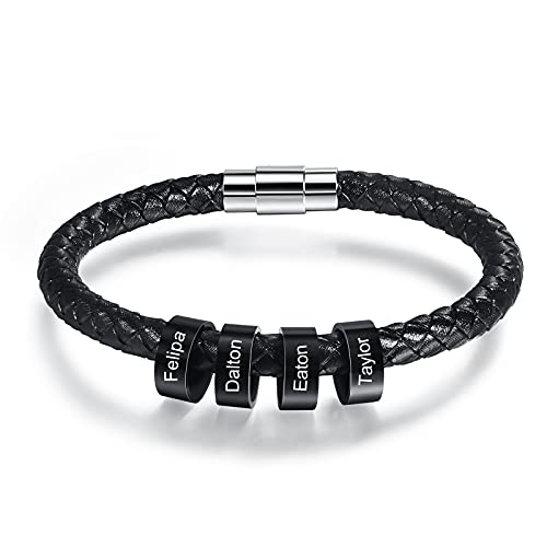 lorajewel Classic Herren/Damen Armbänder mit 4 Namen Schwarz Flechten Leder Band Familien Armband mit Namen Personalisierter Schmuck Männer Armbänder mit Gravur von lorajewel