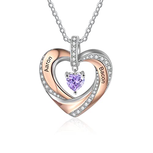 lorajewel Damen Herz Halsketten mit 2 Namen Sterling Silber 925 Mutter Kinder Kette mit Gravur und Steinen Silber Herz Anhänger Personalisierte Kette für Mutter/Tochter/Frau/Freundin(#6) von lorajewel