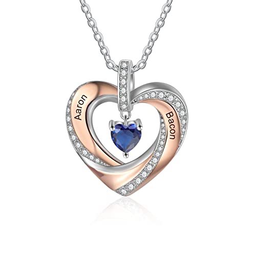 lorajewel Damen Herz Halsketten mit 2 Namen Sterling Silber 925 Mutter Kinder Kette mit Gravur und Steinen Silber Herz Anhänger Personalisierte Kette für Mutter/Tochter/Frau/Freundin von lorajewel