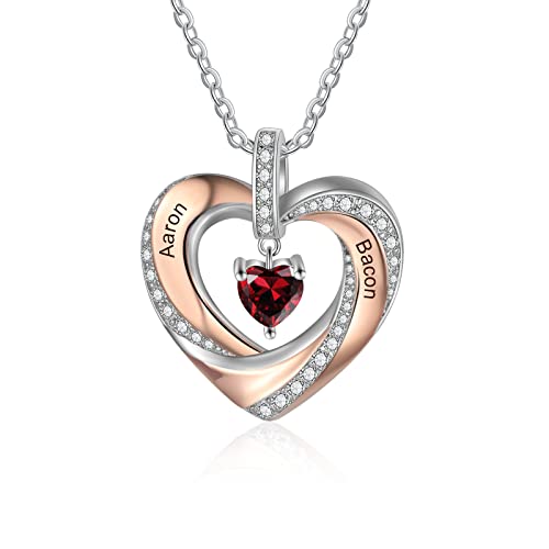 lorajewel Damen Herz Halsketten mit 2 Namen Sterling Silber 925 Mutter Kinder Kette mit Gravur und Steinen Silber Herz Anhänger Personalisierte Kette für Mutter/Tochter/Frau/Freundin von lorajewel