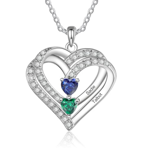 lorajewel 925 Sterling Silber Kette mit Namen Personalisierte Halskette für Damen Kette mit Anhänger Geburtssteinen Gravur Geschenke zum Muttertag Weihnachten Valentinstag (2 name) von lorajewel