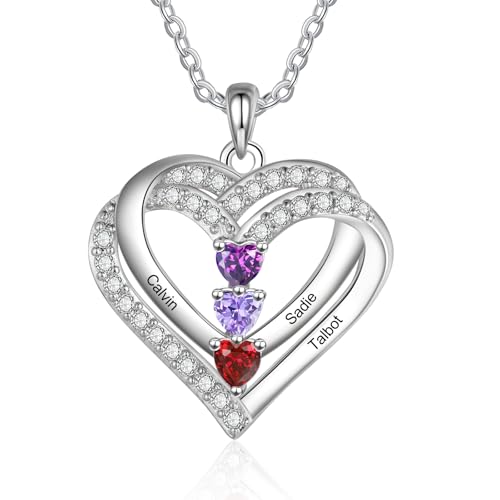 lorajewel 925 Sterling Silber Kette mit Namen Personalisierte Halskette für Damen Kette mit Anhänger Geburtssteinen Gravur Geschenke zum Muttertag Weihnachten Valentinstag (3 name) von lorajewel