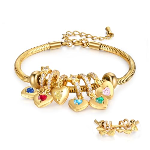 lorajewel Geschenke für mama Kette Muttertag Personalisiertes Armband mit Name Geburtsstein Herz Armband Geschenk für Frauen Weihnachtstag Geburtstag (Gold-6 name) von lorajewel
