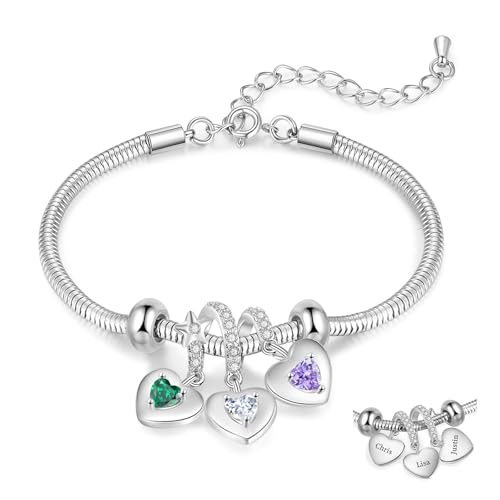 lorajewel Geschenke für mama Kette Muttertag Personalisiertes Armband mit Name Geburtsstein Herz Armband Geschenk für Frauen Weihnachtstag Geburtstag (Silber-3 name) von lorajewel