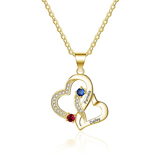 Lorajewel Halskette Damen mit Gravur 2 Namen Herz Kette mit 2 Geburtsstein Sterling Silber 925 Muttertagsgeschenk Mutter Tochter Kette Gold von lorajewel