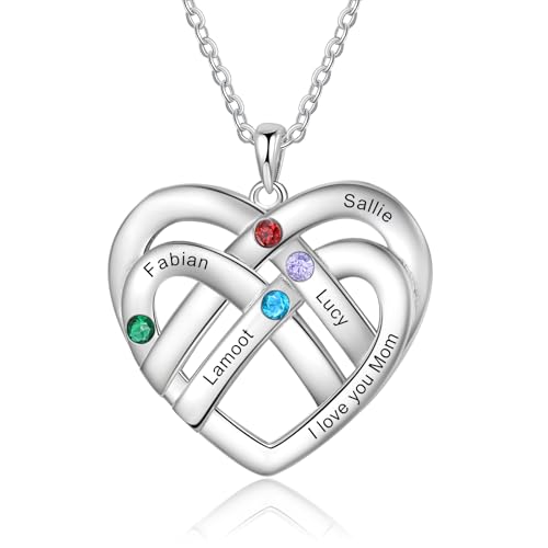 lorajewel Kette Damen Personalisierte Halskette mit Namen Geburtsstein Kette Silber Personalisiertes Geschenk für Mama Oma Geburtstag Muttertag (4 NAME) von lorajewel