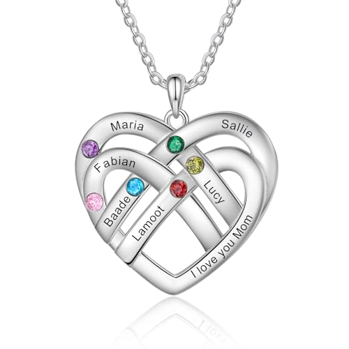 lorajewel Kette Damen Personalisierte Halskette mit Namen Geburtsstein Kette Silber Personalisiertes Geschenk für Mama Oma Geburtstag Muttertag (6 NAME) von lorajewel