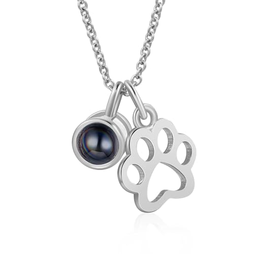 lorajewel Kette mit Bild Projektion Personalisierte Foto Kette für Damen Pet Hund oder Katze Paw Print Anhänger Gedenk-Halsketten Weihnachten Geburtstag Geschenk für Mädchen Liebhaber von lorajewel