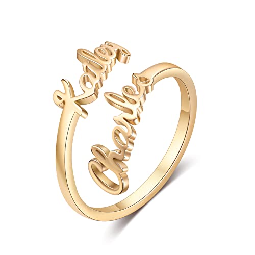 lorajewel Offener Verstellbarer Ring von Damen Personifizieren Buchstabe A-Z Ring Ausgestattet mit Geburtstagssteinen Silber-Ring Gedenken Paar Ringe (Name-Gold) von lorajewel