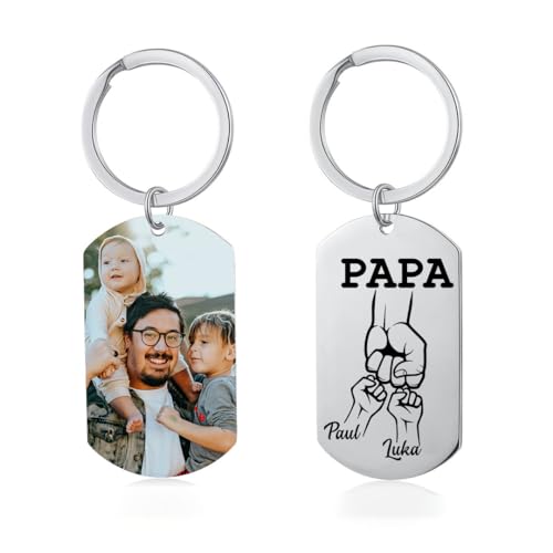 lorajewel Vatertagsgeschenk Schlüsselanhänger Personalisiert Schlüsselanhänger mit Foto Namen Edelstahl Geschenke für Papa Männer (PAPA-photo 2) von lorajewel