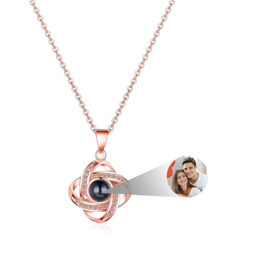 lorajewel Personalisiert Foto Projektion Bild Kette für Damen Kleeblatt Halskette Anhänger Geschenk für Mutter Kind Kette Weihnachten Valentinstag Geburtstag Rosegold von lorajewel