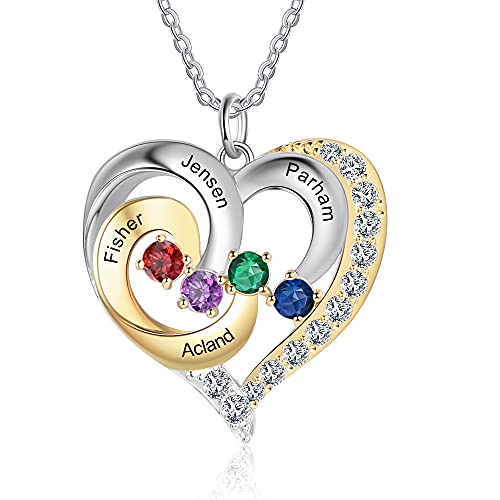 Lorajewel Personalisiert Ketten für Damen Sterling Silber 925 mit Gravur 4 Name Geburtsstein Anhänger Herz Halsketten mit Strass Beziehungs Kette für Mama Oma Schmuck von lorajewel