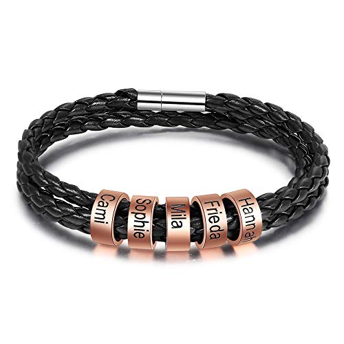 lorajewel Personalisierte Armbänder mit 2 Namen Herren/Damen Schwarz Flechten Lederarmband Kette mit Kindernamen Männer/Frauen Schmuck mit Gravur Rosegold von lorajewel